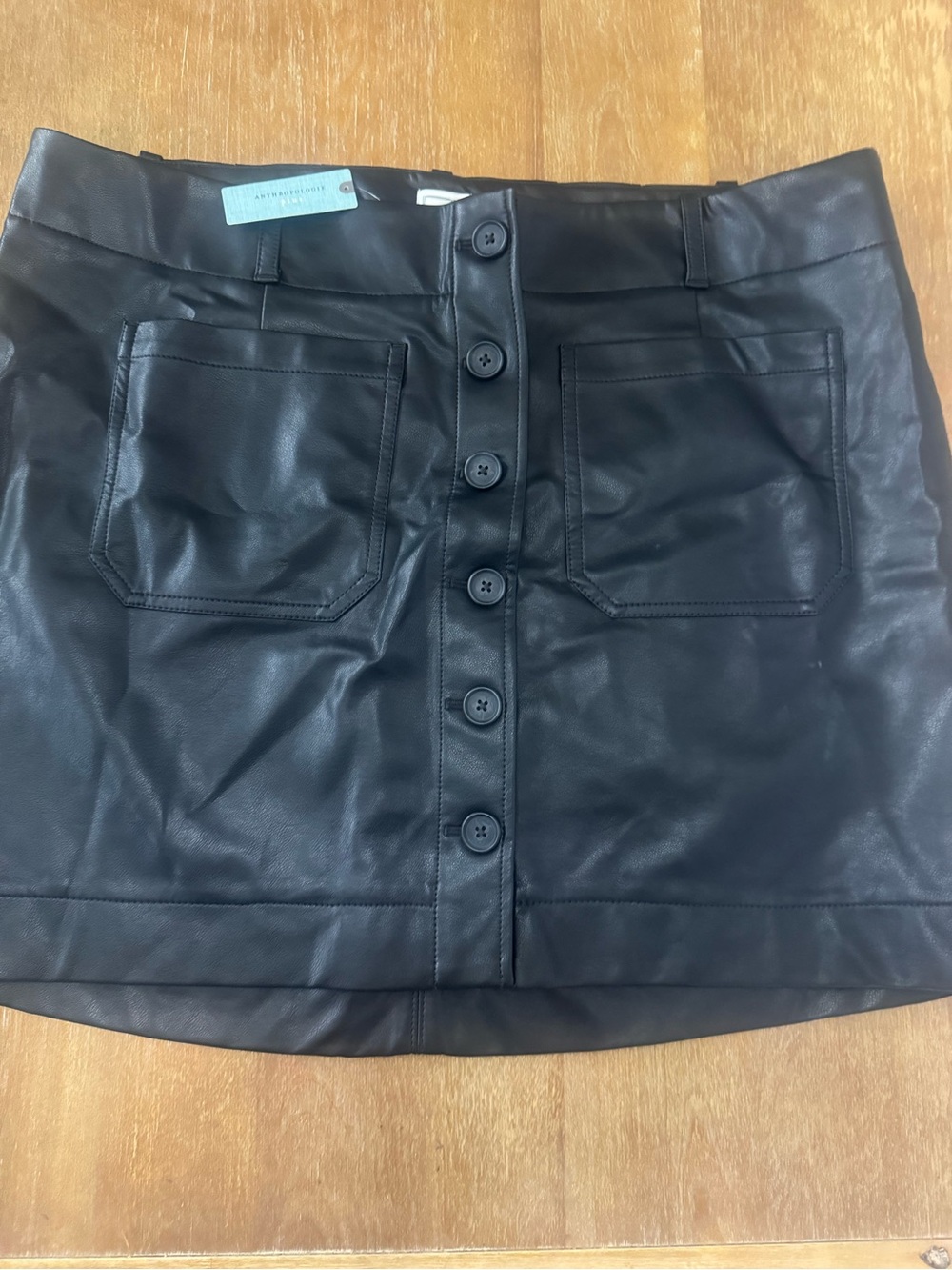 Anthropologie Black Faux Leather Button-Front Mini Skirt